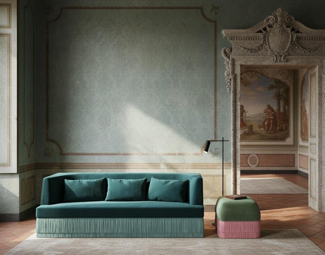 Alcove Fransensofa mit Ottomane - lineare Form & geschwungene Rückenlehne in Rose Velvet im Zustand „Neu“ im Angebot in NEW YORK, NY