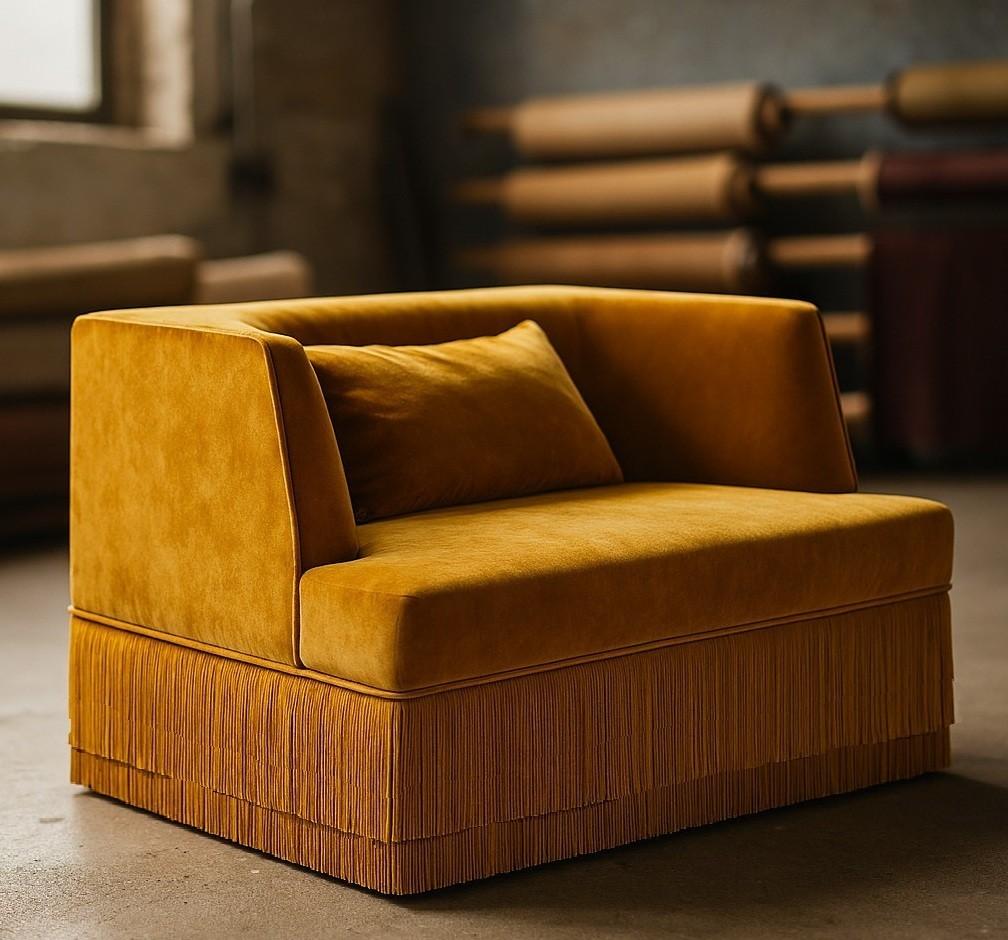 Alcove Fringe Sofa with Ottoman–Linear Form & Fringed Base By Sidani Design For Sale 1