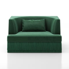 Alcove Linear Armchair In Alpaca Velvet With Fringe Skirt, Sidani Design
