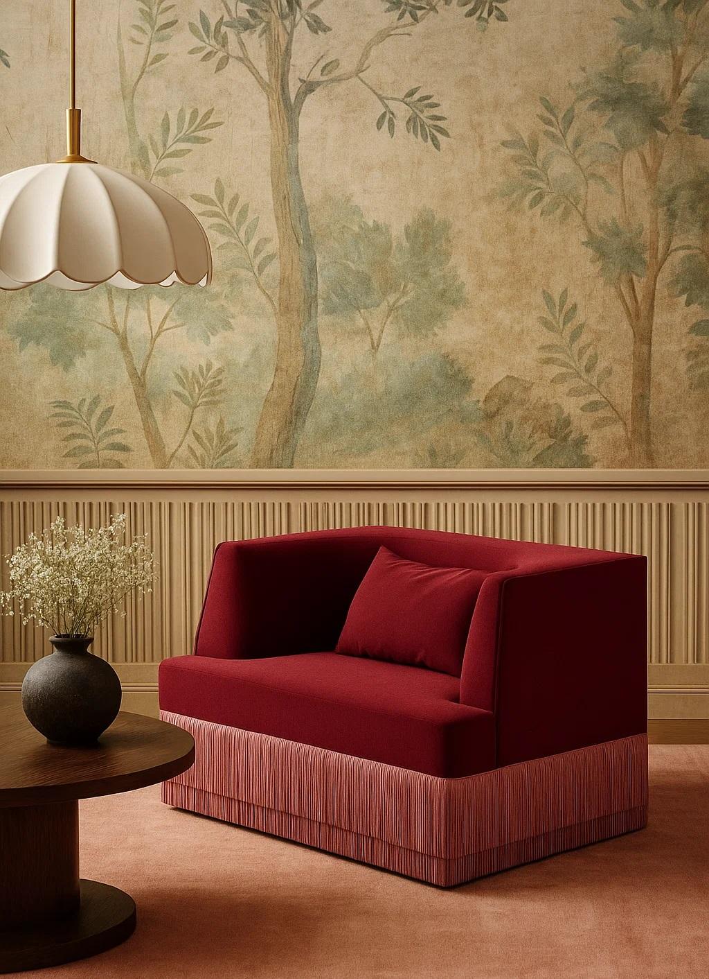 Portugais Fauteuil Alcove Linear en velours Jewel-Tone avec jupe à franges, Sidani Design en vente