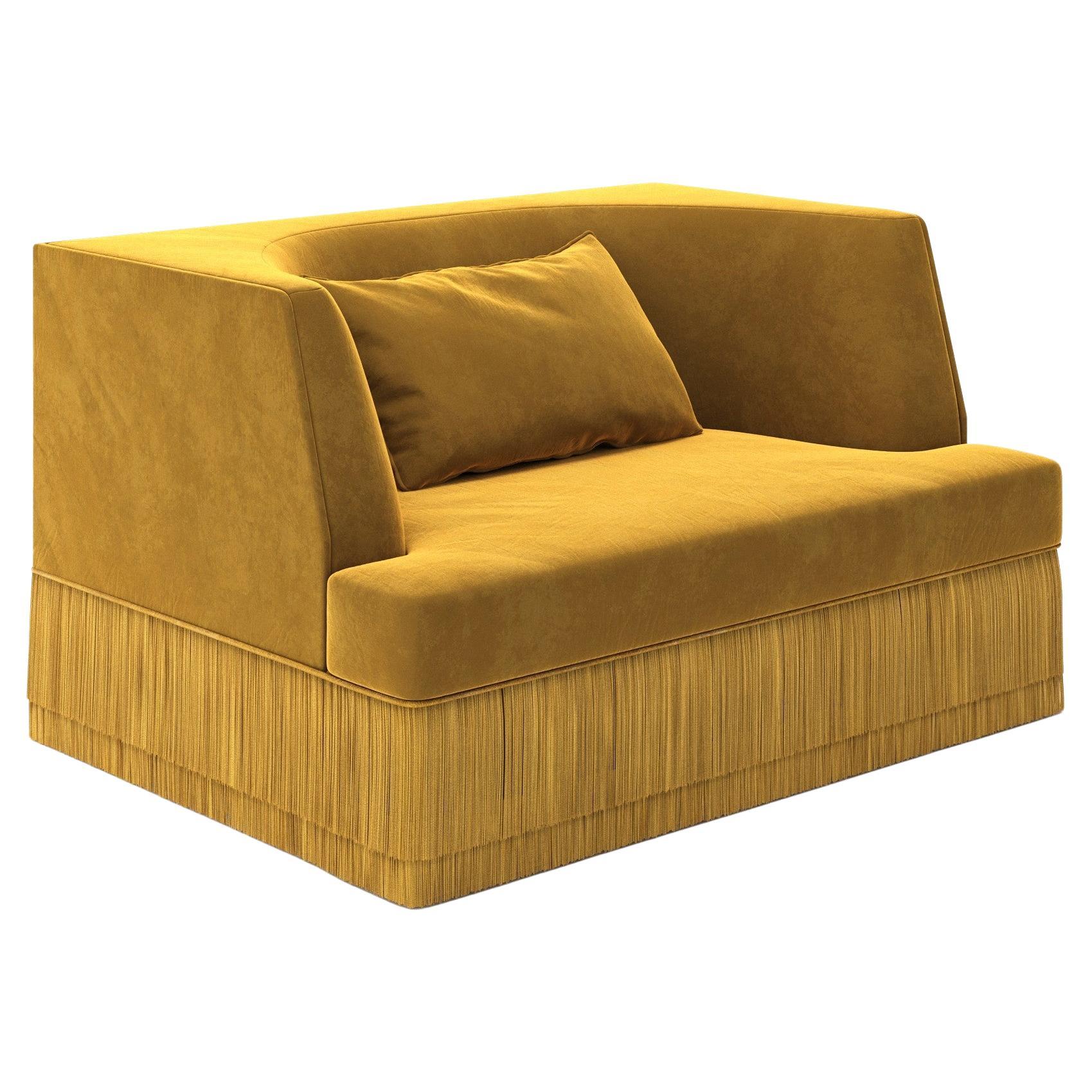 Alcove Linear Armchair w Curved Back in Honey Velvet & Fringe Base