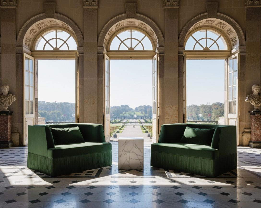 Fauteuil linéaire Alcove avec dossier incurvé en velours Greene Greene et base à franges Neuf - En vente à NEW YORK, NY
