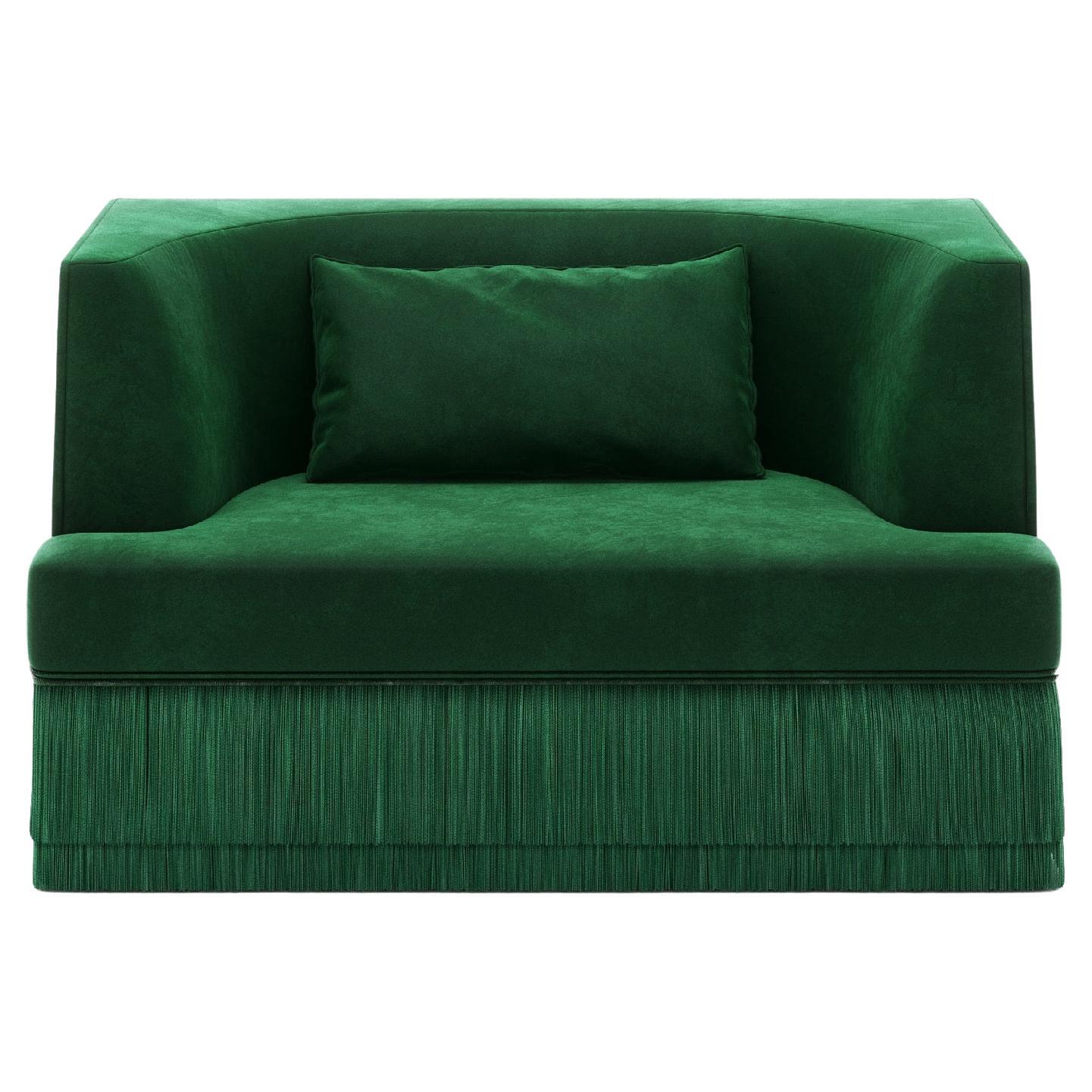 Alcove Linear Armchair w Curved Back in Jade Green Velvet & Fringe Base