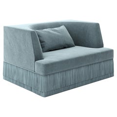 Alcove Linear Armchair w Curved Back in Monotone Blue Velvet & Fringe Base