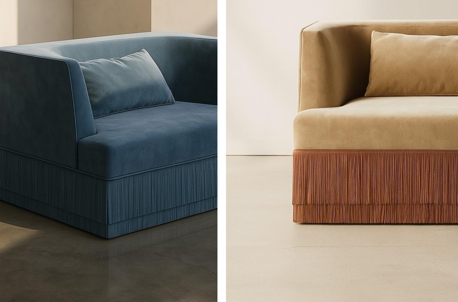 Alcove Linear Armchair w Curved Back in Monotone Blue Velvet with Fringe Base For Sale 3