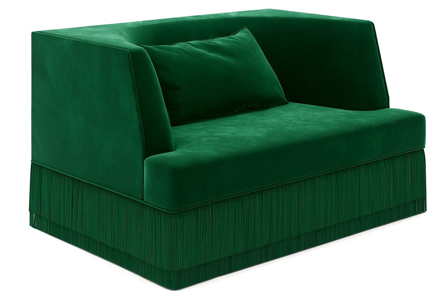 Hand-Crafted Alcove Linear Armchair w Curved Back in Monotone Blue Velvet with Fringe Base For Sale