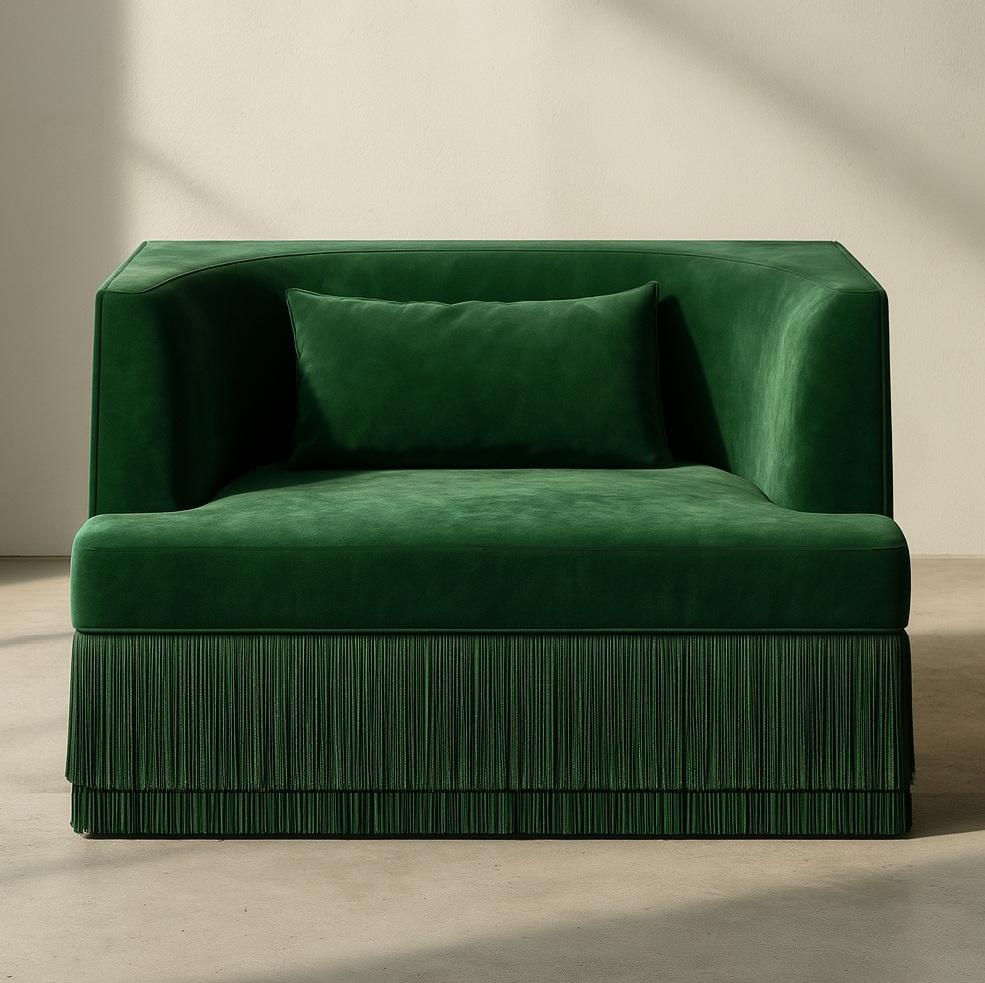 Alcove Linear Armchair w Curved Back in Monotone Blue Velvet with Fringe Base In New Condition For Sale In NEW YORK, NY