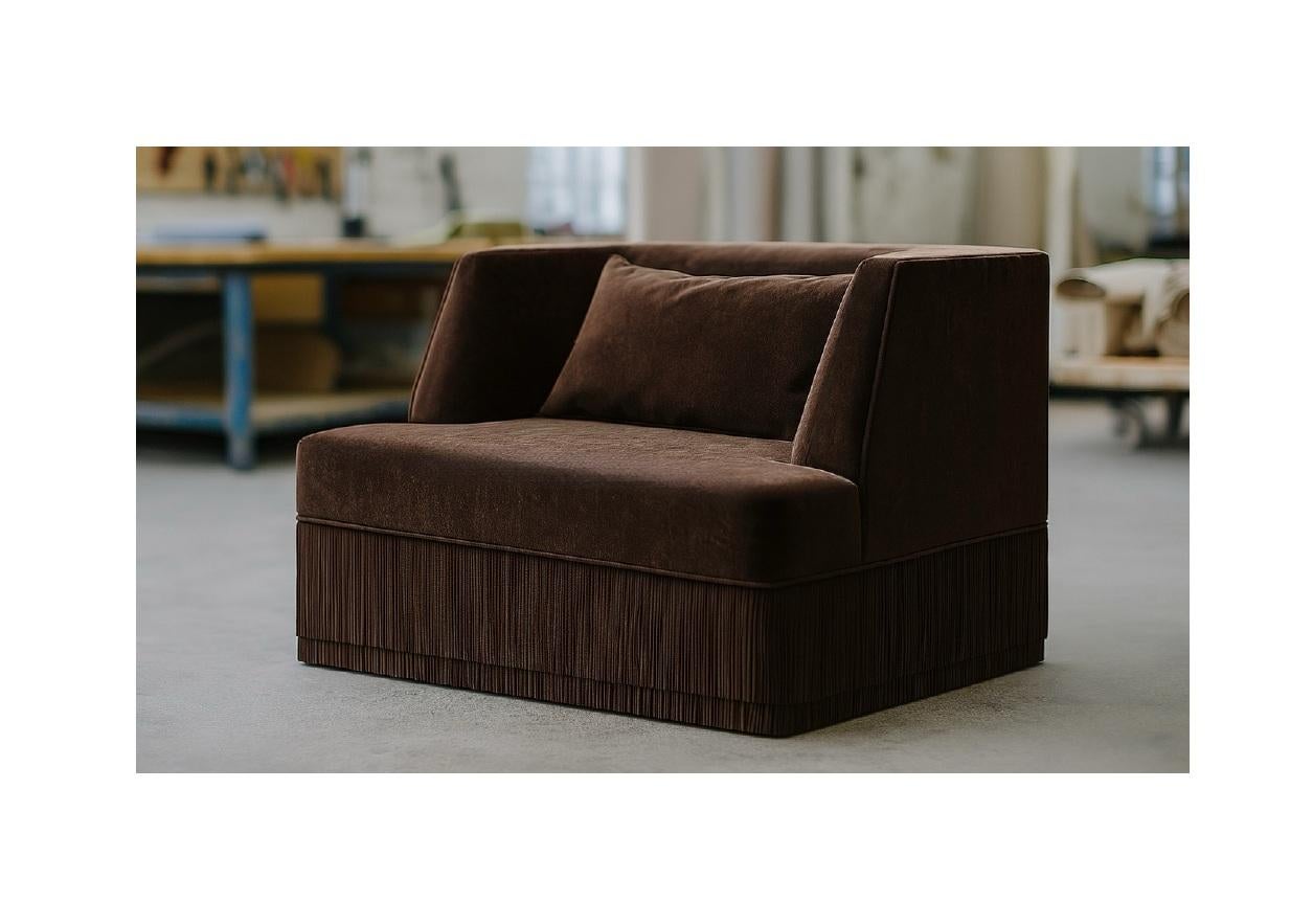 Contemporary Alcove Linear Armchair w Curved Back in Monotone Blue Velvet with Fringe Base For Sale