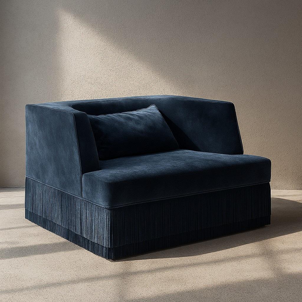 Upholstery Alcove Linear Armchair w Curved Back in Monotone Blue Velvet with Fringe Base For Sale