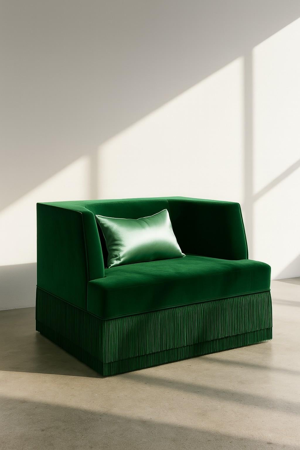 Alcove Linear Armchair w Curved Back in Monotone Blue Velvet with Fringe Base For Sale 1