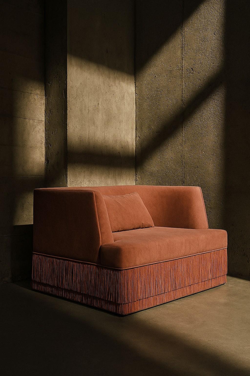 Modern Alcove Linear Armchair w Curved Back in Rose Blossom Velvet & Fringe Base For Sale