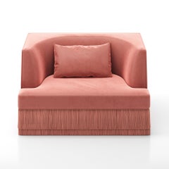 Alcove Linear Armchair w Curved Back in Rose Blossom Velvet & Fringe Base