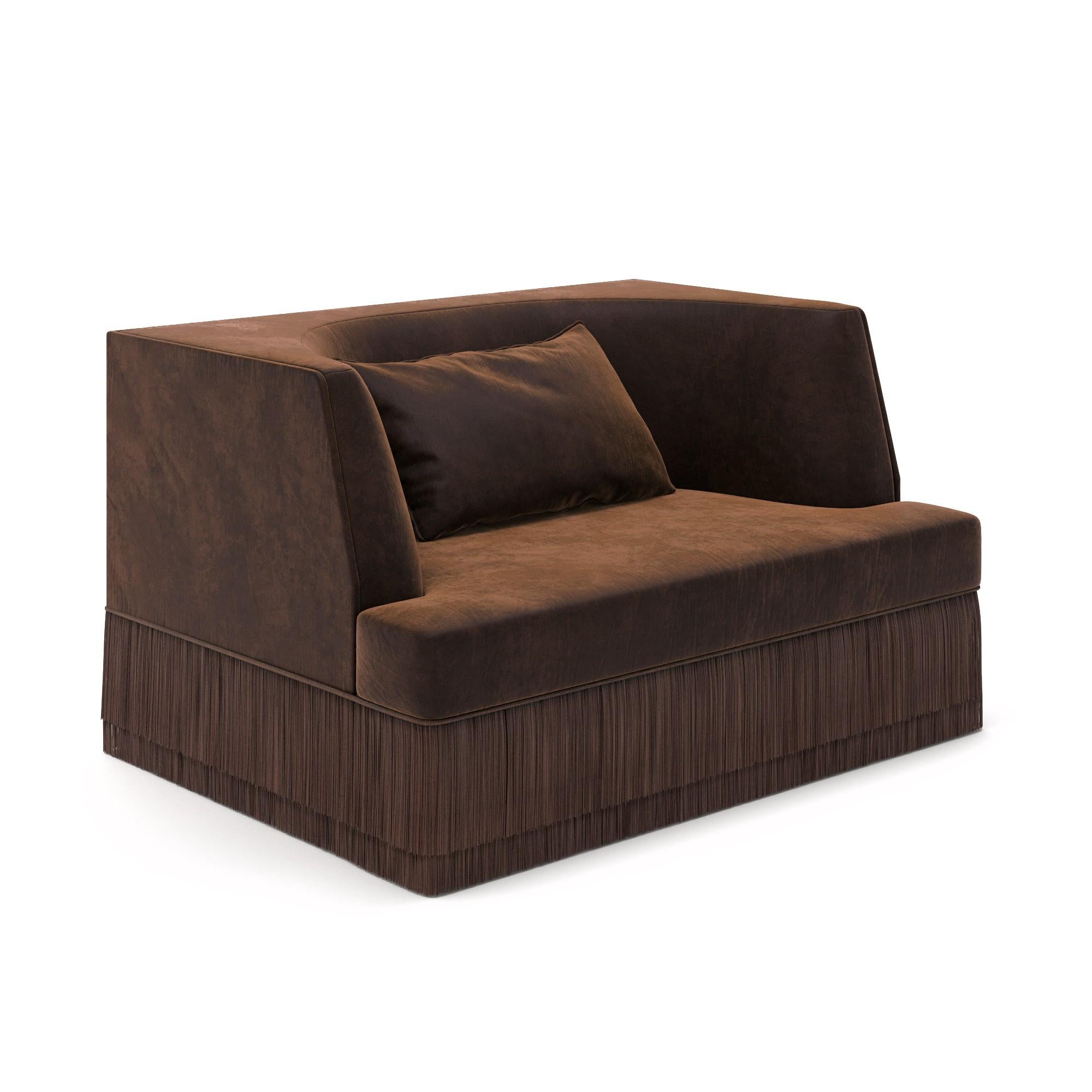 Modern Alcove Linear Armchair w Curved Back in Rose Blossom Velvet & Fringe Base For Sale