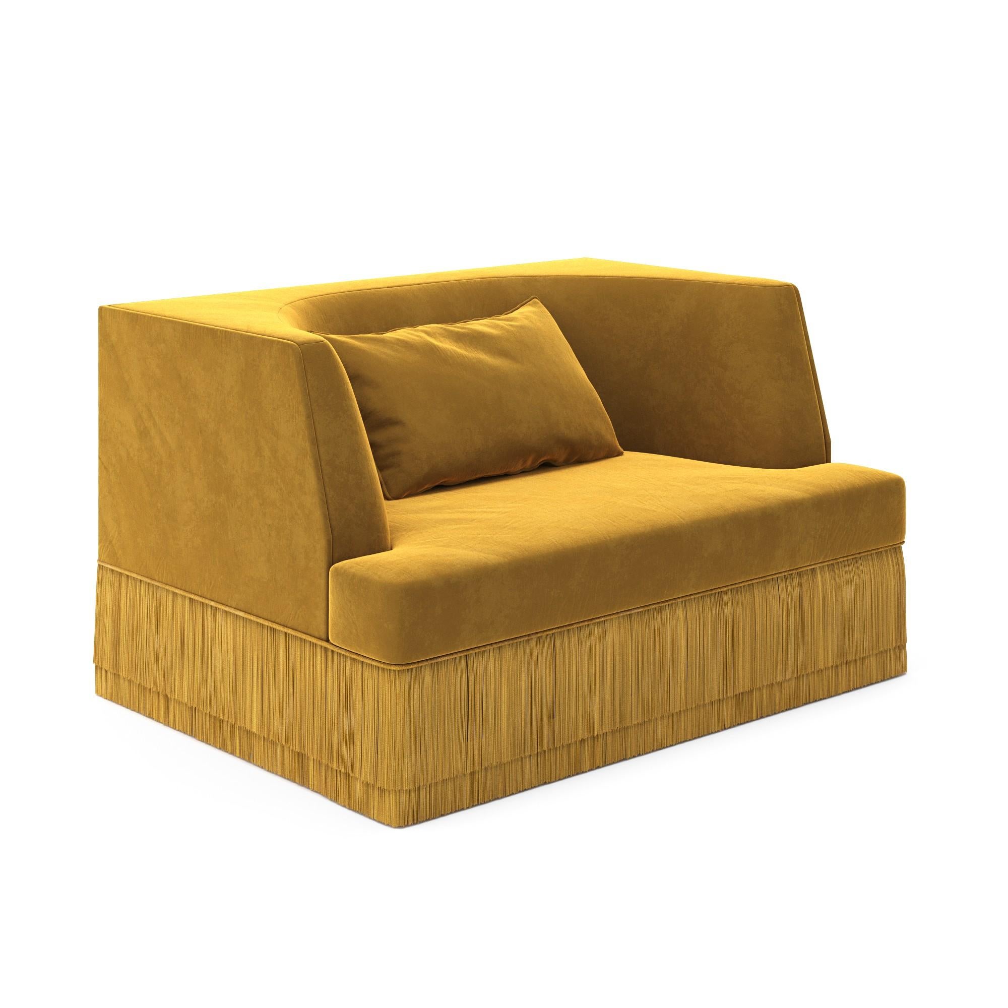 Hand-Crafted Alcove Linear Armchair w Curved Back in Rose Blossom Velvet & Fringe Base For Sale
