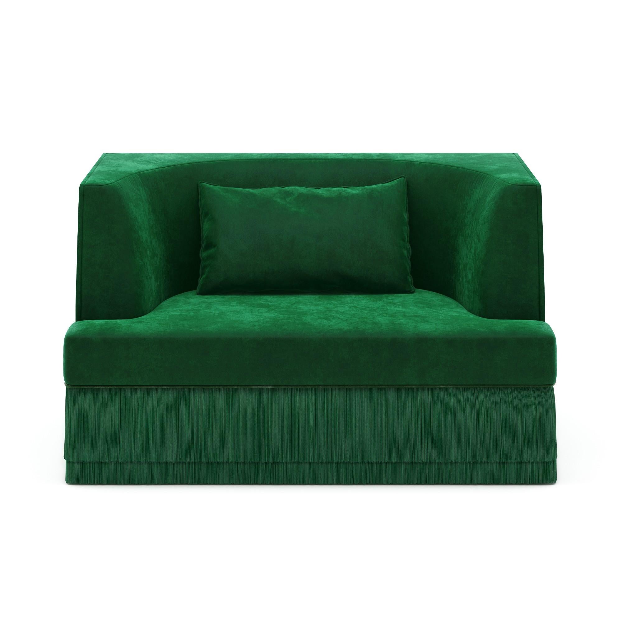 Alcove Linear Armchair w Curved Back in Rose Blossom Velvet & Fringe Base In New Condition For Sale In NEW YORK, NY