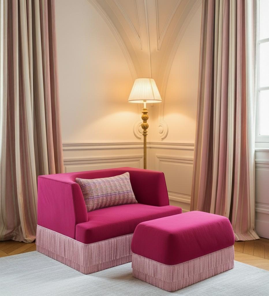 Alcove Linearer Sessel mit geschwungener Rückenlehne aus Rosenblütensamt und Fransengestell (21. Jahrhundert und zeitgenössisch) im Angebot