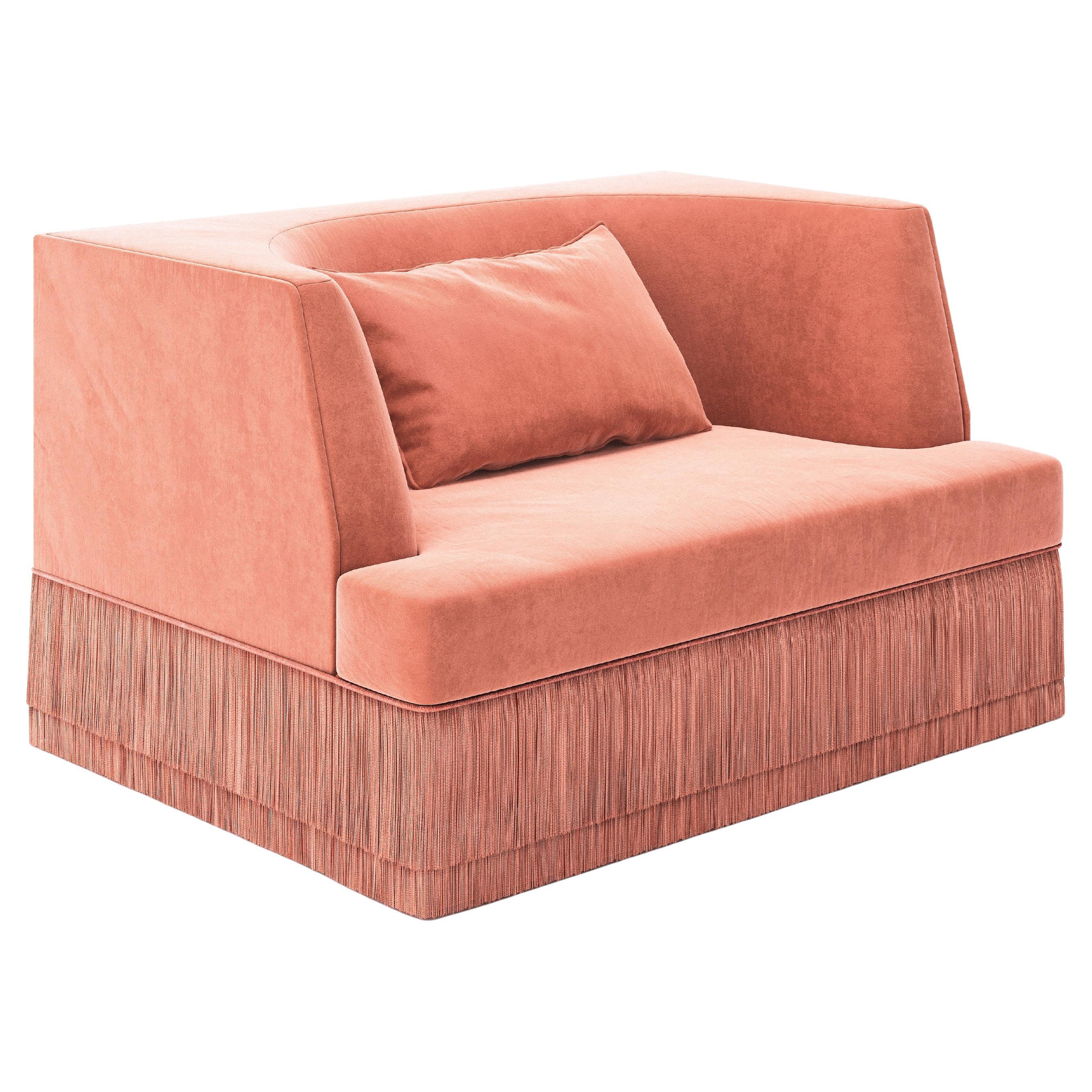 Alcove Linear Armchair w Curved Back in Rose Blossom Velvet & Fringe Base