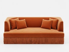 Alcove Linear Sofa – Curved Backseat with Fringe Base In Burnt Orange Velvet