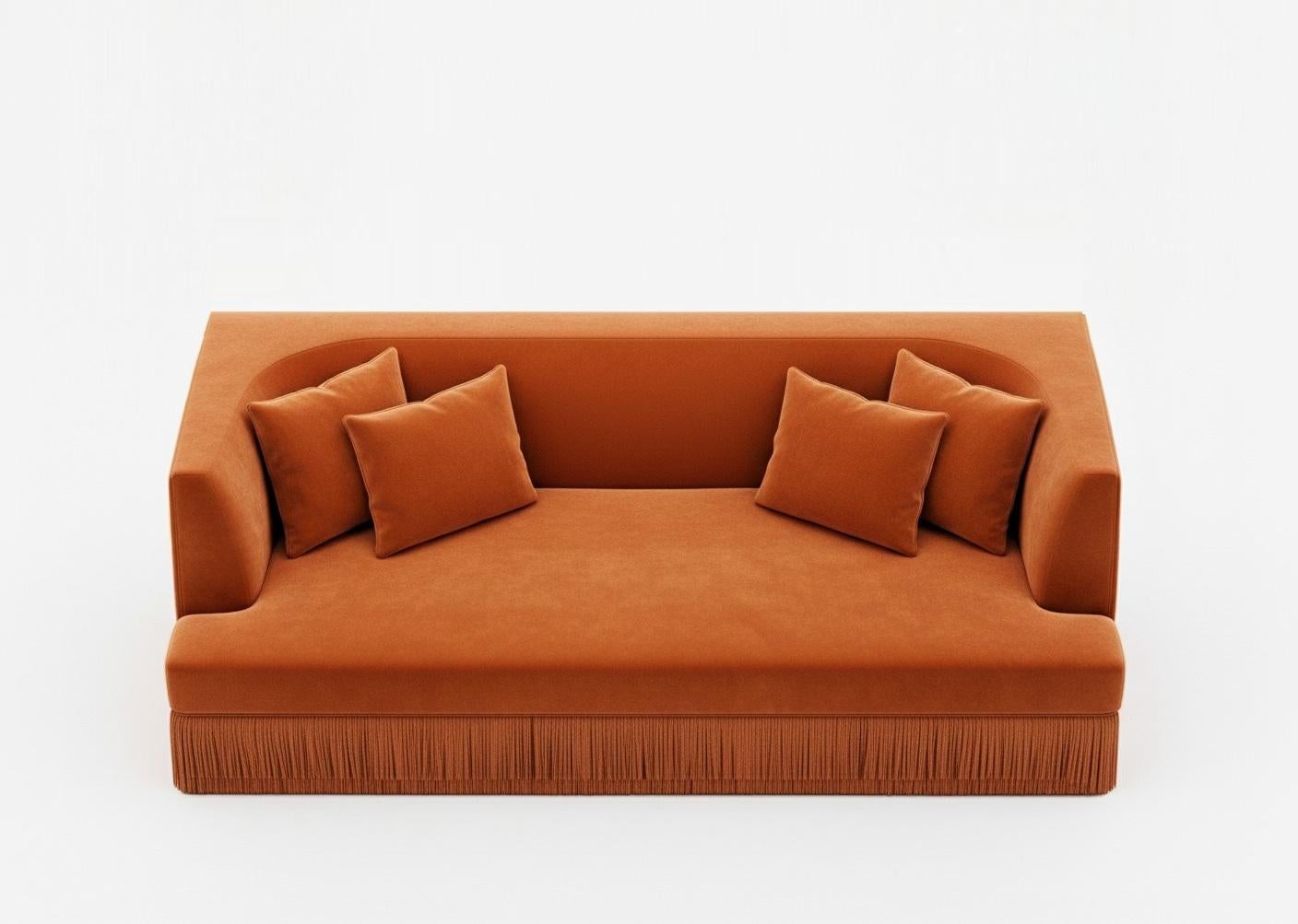 Modern Alcove Linear Sofa – Curved Backseat with Fringe Base In Burnt Orange Velvet For Sale