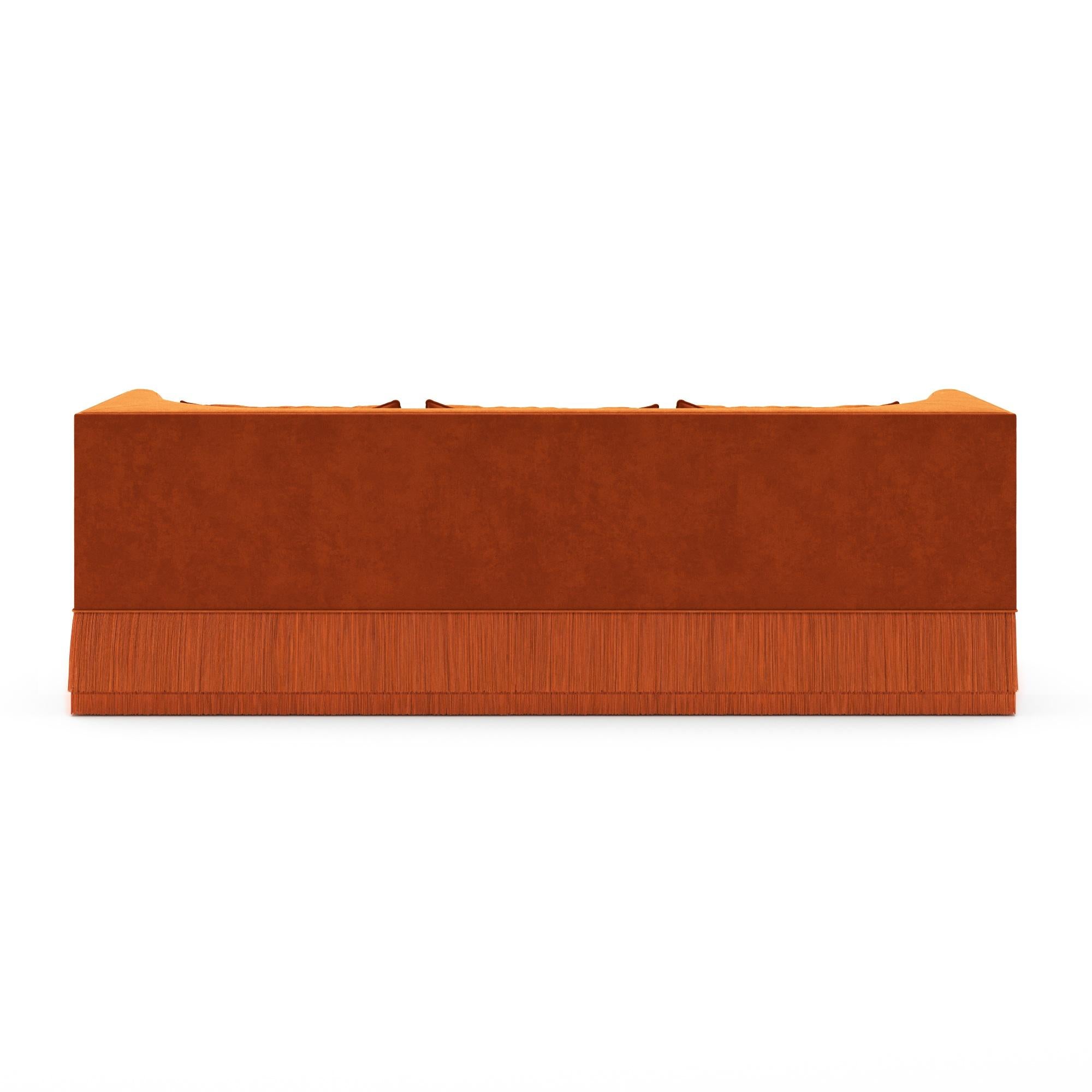 Modern Alcove Linear Sofa – Curved Backseat with Fringe Base In Burnt Orange Velvet For Sale