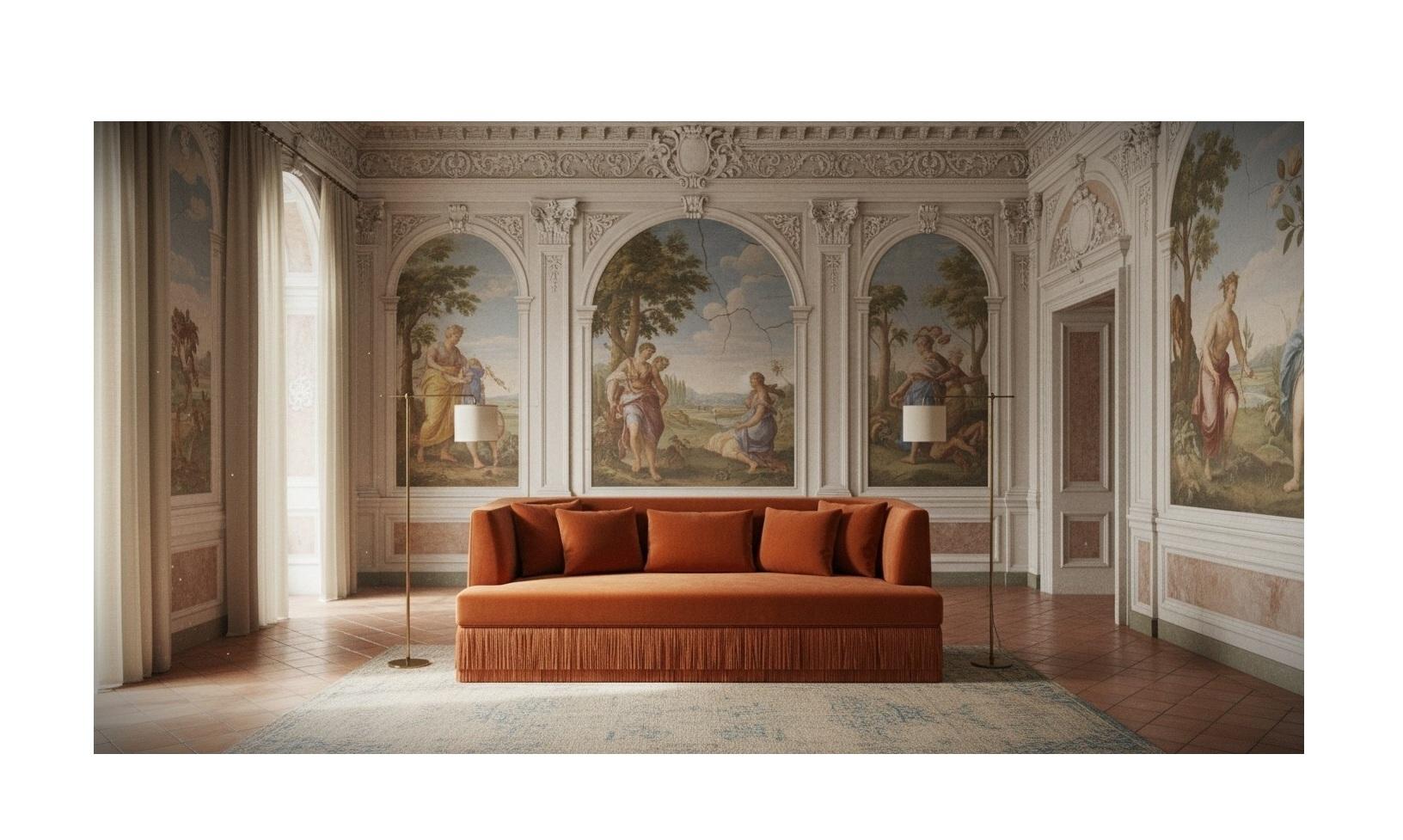 Portuguese Alcove Linear Sofa – Curved Backseat with Fringe Base In Burnt Orange Velvet For Sale