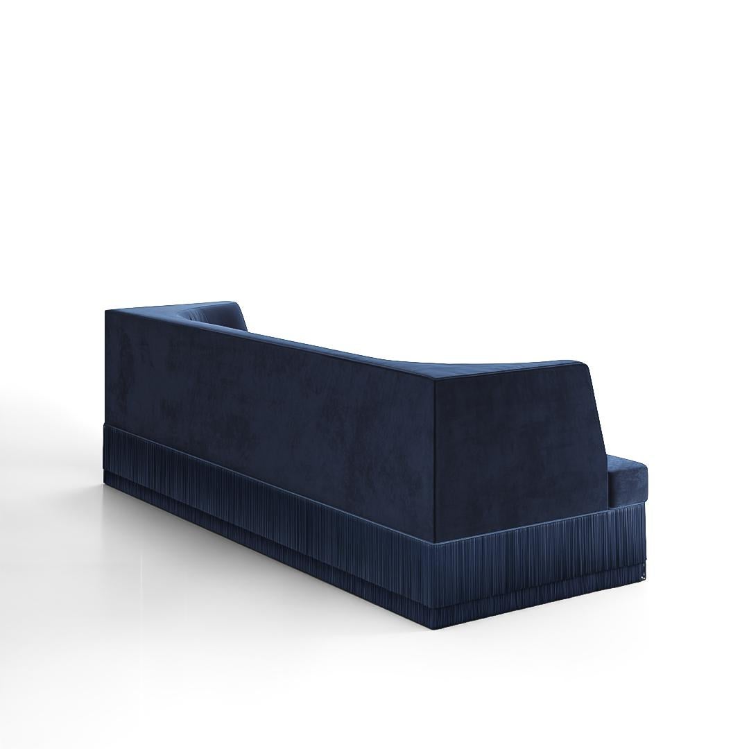 Alcove Linear Sofa – Curved Backseat with Fringe Base In Burnt Orange Velvet In New Condition For Sale In NEW YORK, NY