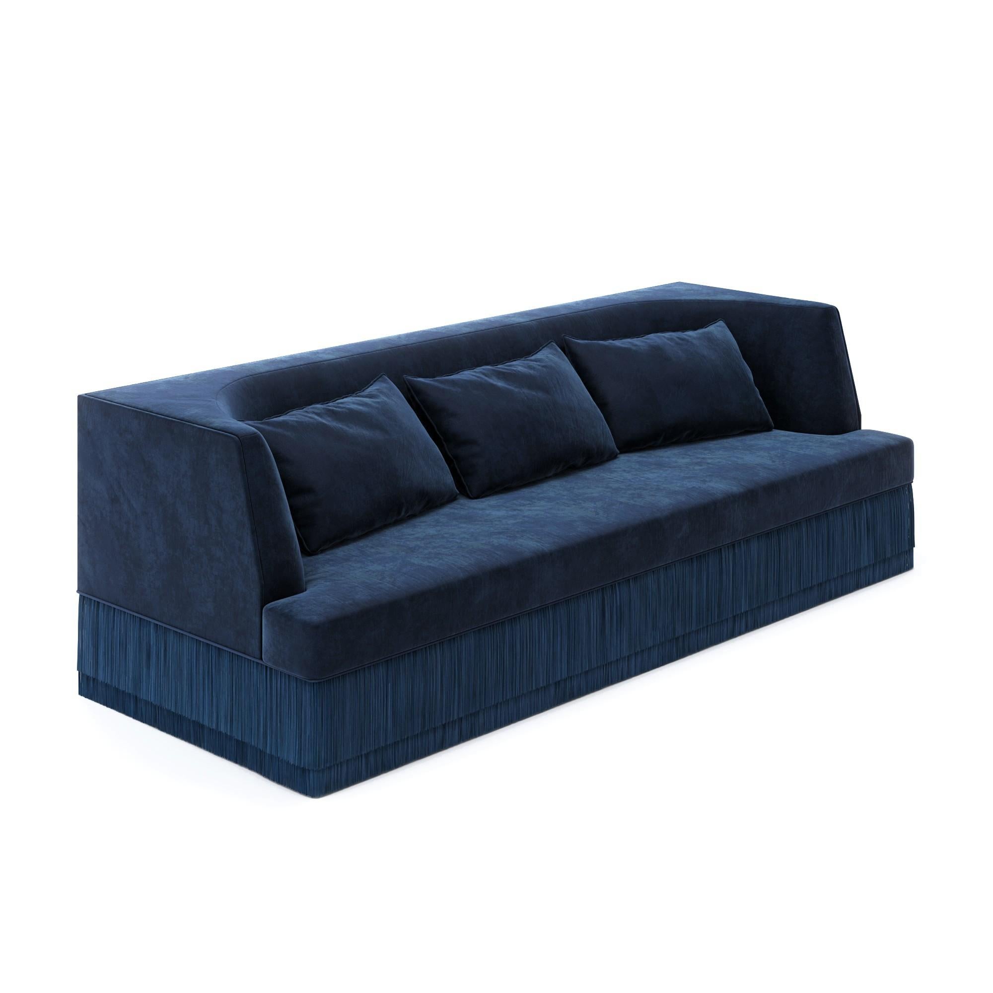 Upholstery Alcove Linear Sofa – Curved Backseat with Fringe Base In Burnt Orange Velvet For Sale