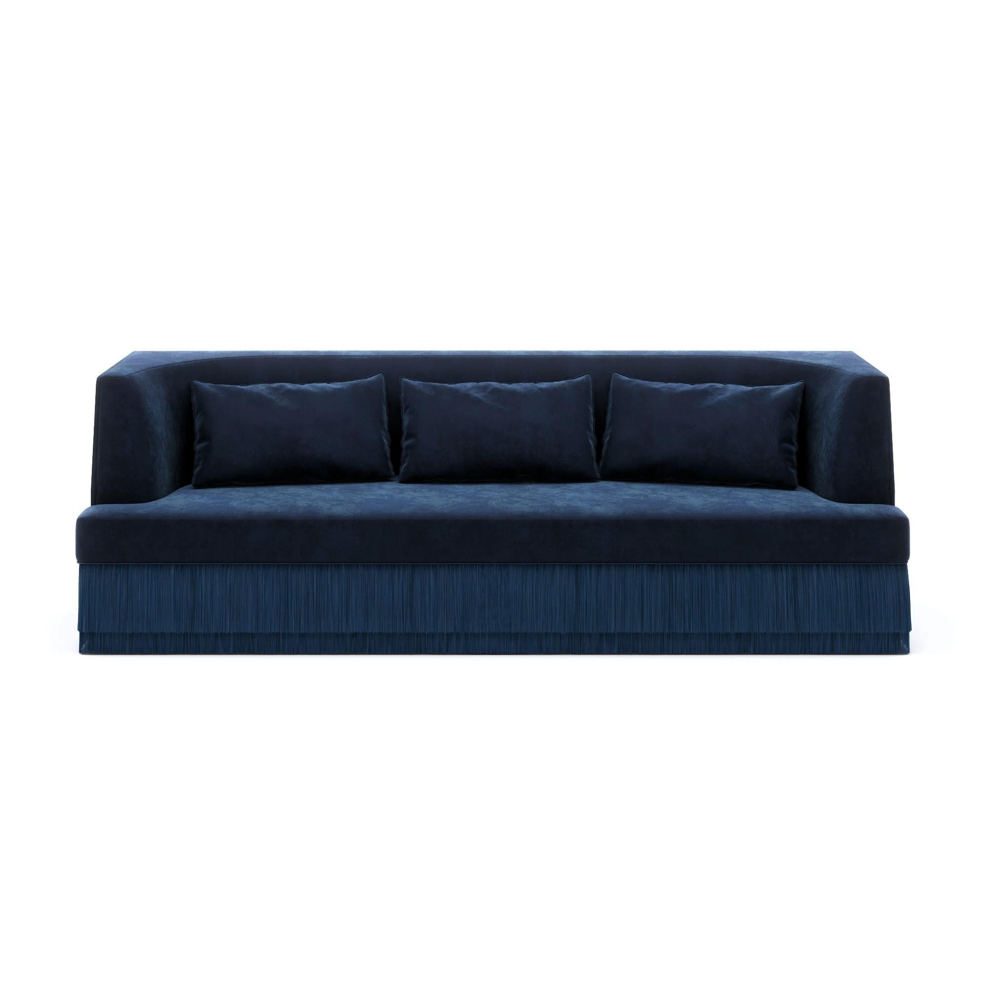 Alcove Linear Sofa – Curved Backseat with Fringe Base In Burnt Orange Velvet For Sale 1