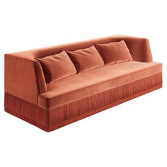 Alcove Linear Sofa – Curved Backseat with Fringe Base In Caramel Velvet