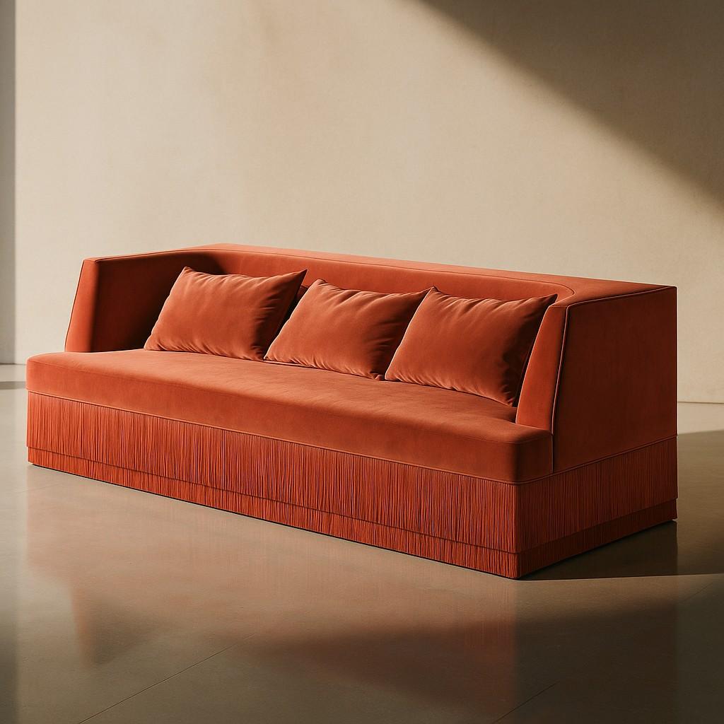 Portuguese Alcove Linear Sofa – Curved Backseat with Fringe Base In Chocolate Velvet For Sale
