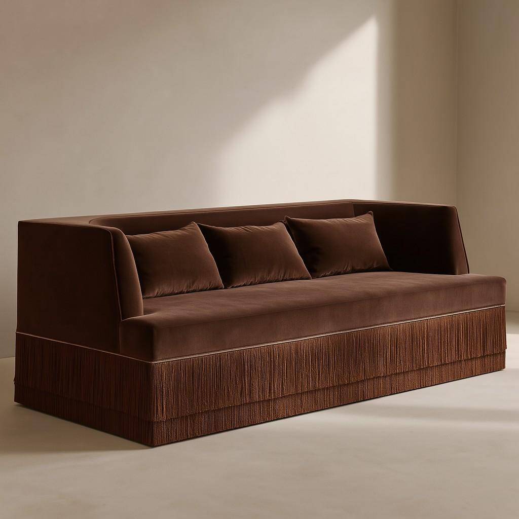 Modern Alcove Linear Sofa – Curved Backseat with Fringe Base In Chocolate Velvet For Sale