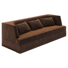 Alcove Linear Sofa – Curved Backseat with Fringe Base In Chocolate Velvet