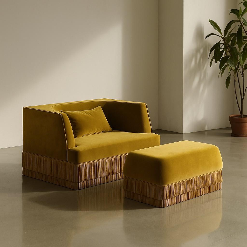 Alcove Linear Sofa – Curved Backseat with Fringe Base In Honey Velvet For Sale 5