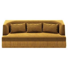 Alcove Linear Sofa – Curved Backseat with Fringe Base In Honey Velvet