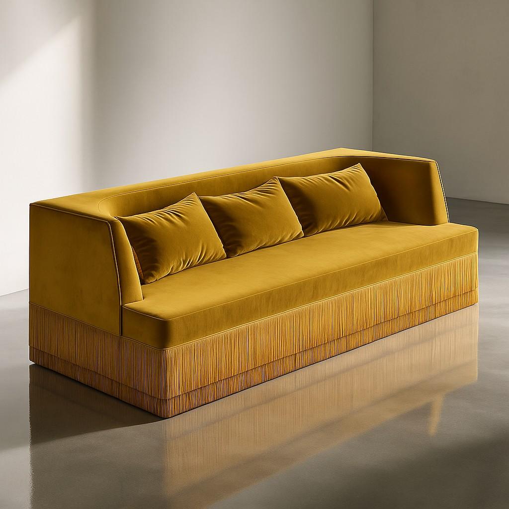 Modern Alcove Linear Sofa – Curved Backseat with Fringe Base In Honey Velvet For Sale