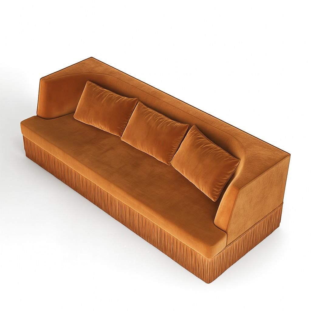 Contemporary Alcove Linear Sofa – Curved Backseat with Fringe Base In Honey Velvet For Sale