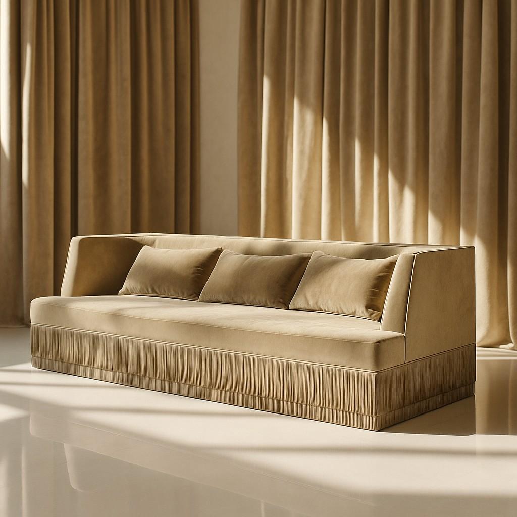 Upholstery Alcove Linear Sofa – Curved Backseat with Fringe Base In Honey Velvet For Sale