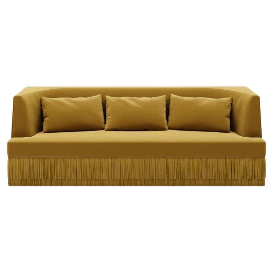 Alcove Linear Sofa – Curved Backseat with Fringe Base In Honey Velvet