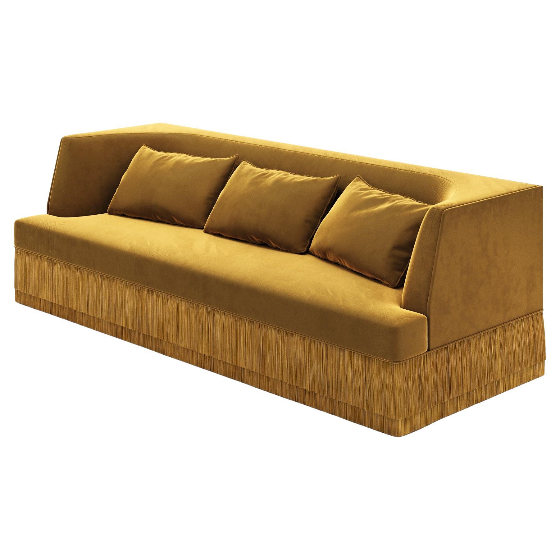 Alcove Linear Sofa – Curved Backseat with Fringe Base In Honey Velvet