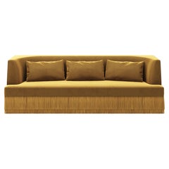 Alcove Linear Sofa – Curved Backseat with Fringe Base In Honey Velvet