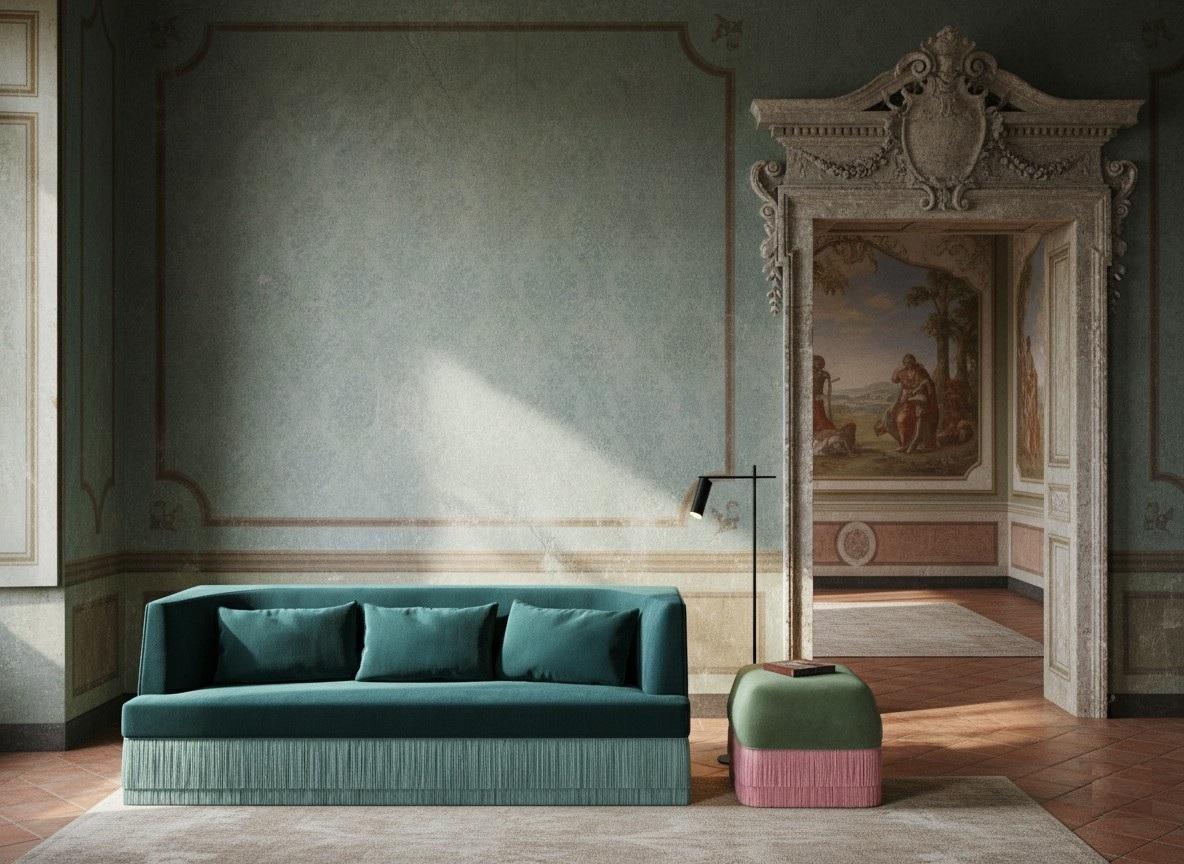 Divano Alcove Linear - Schienale curvo con base a frange in velluto rosa In condizioni Nuovo in vendita a NEW YORK, NY