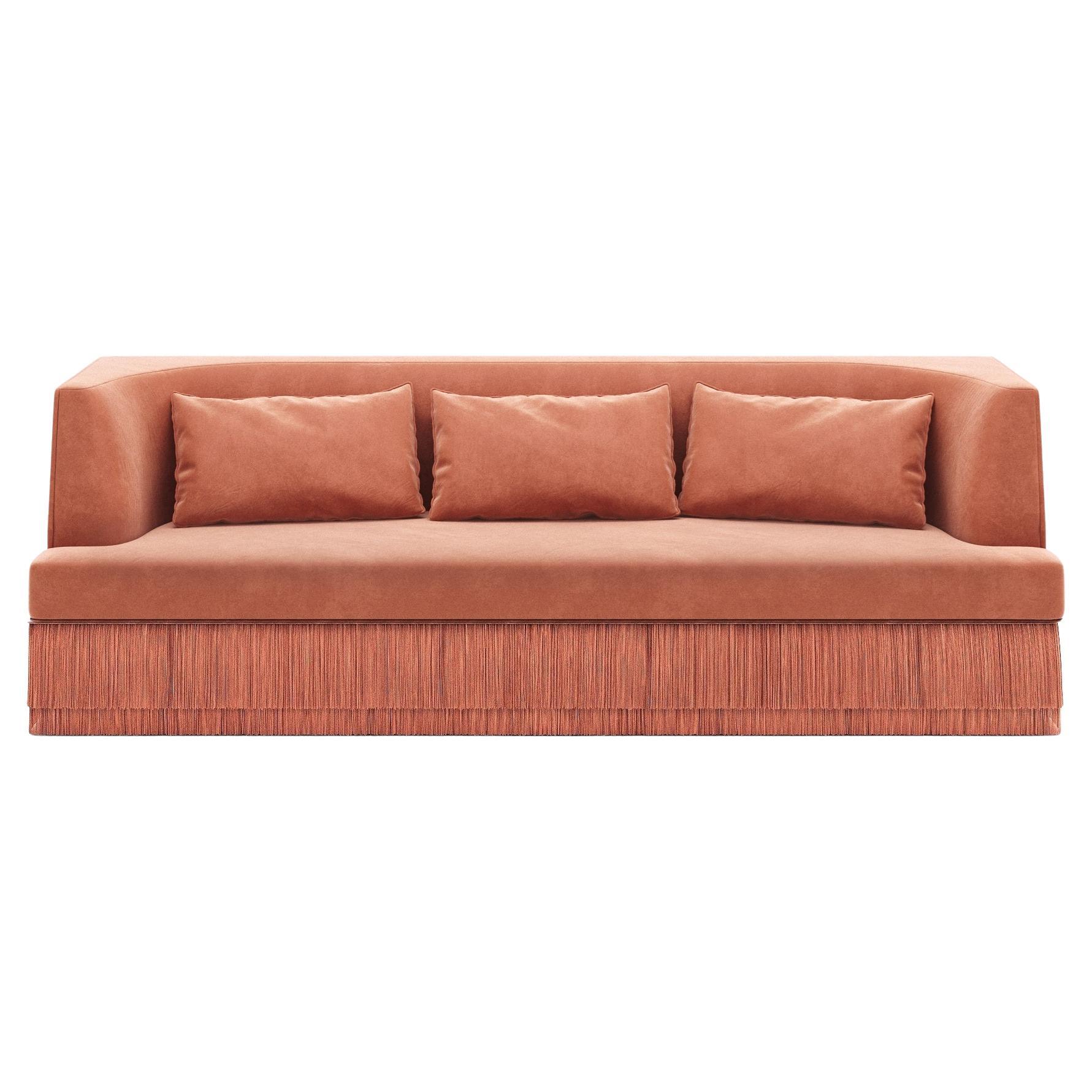 Alcove Linear Sofa – Curved Backseat with Fringe Base In Rose Velvet For Sale