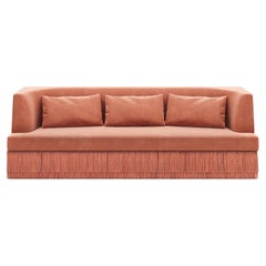 Alcove Linear Sofa – Curved Backseat with Fringe Base In Rose Velvet