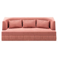 Alcove Linear Sofa – Curved Backseat with Fringe Base In Rose Velvet