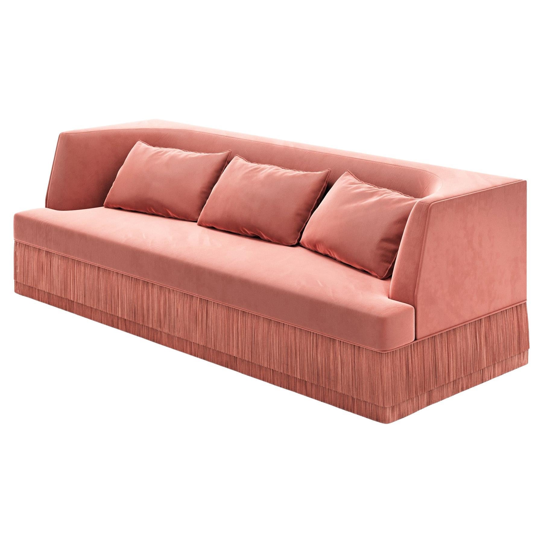 Alcove Linear Sofa – Curved Backseat with Fringe Base In Rose Velvet