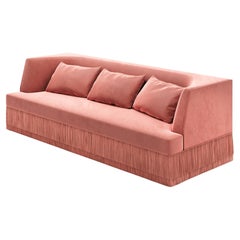 Alcove Linear Sofa – Curved Backseat with Fringe Base In Rose Velvet