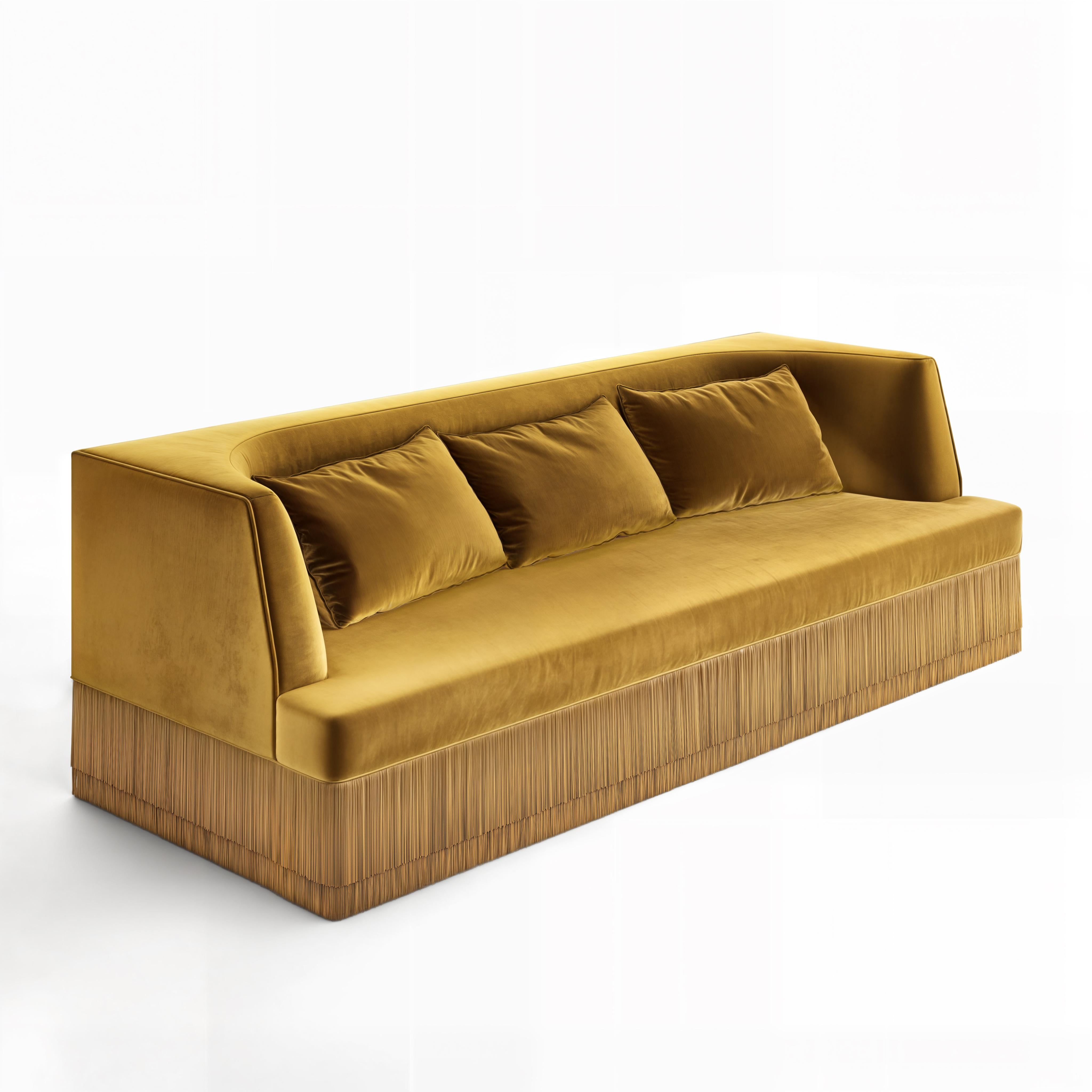 Sofá Lineal Alcove - Respaldo Curvo con Base de Flecos En Terciopelo Caramelo en venta 4