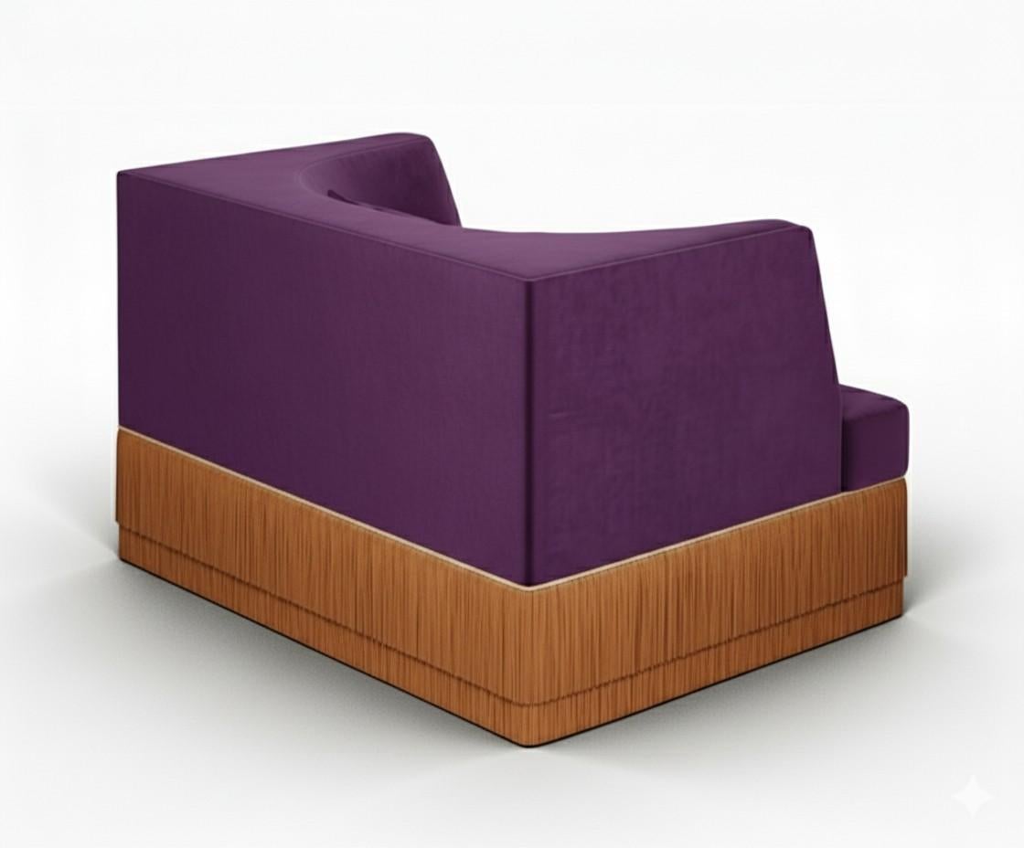 Modern Alcove Linear Sofa In Alpaca Velvet With Fringe Skirt, Sidani Design For Sale