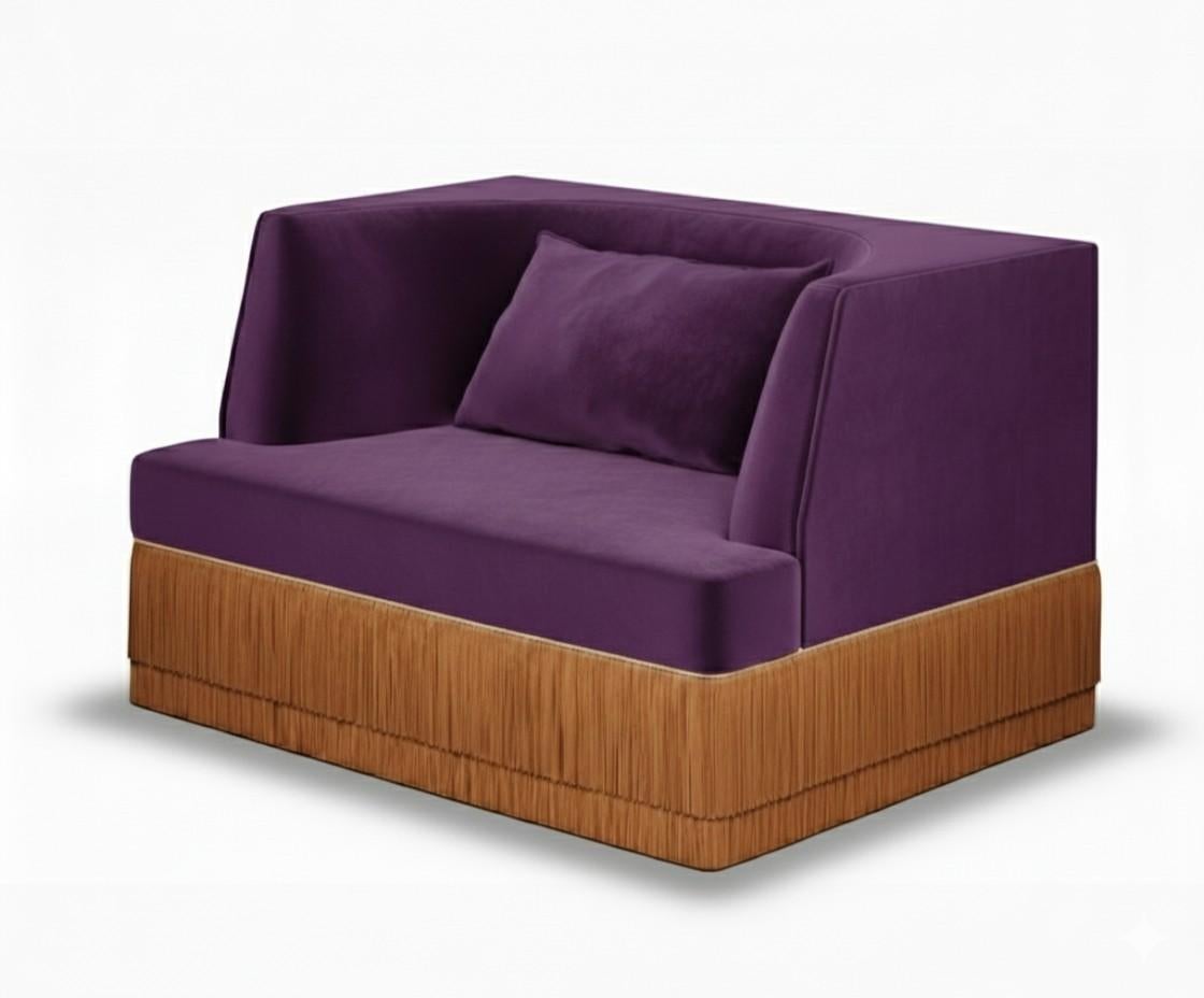 Portuguese Alcove Linear Sofa In Alpaca Velvet With Fringe Skirt, Sidani Design For Sale