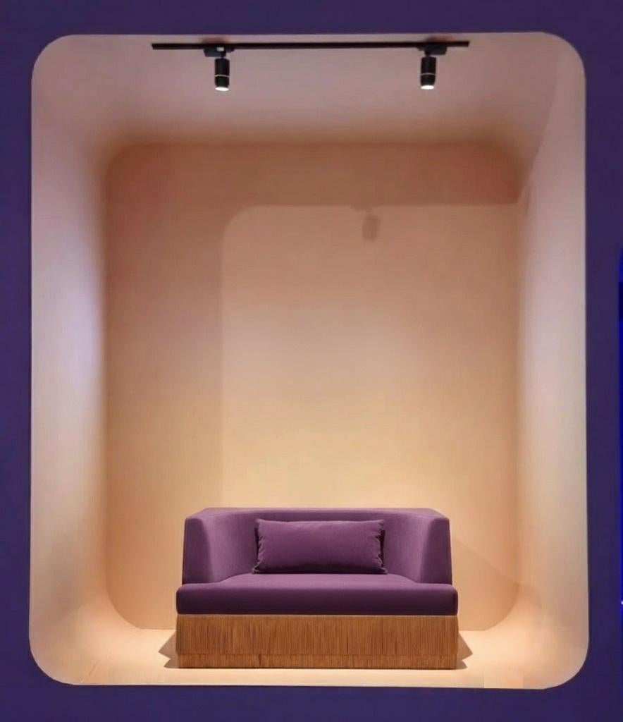 Hand-Crafted Alcove Linear Sofa In Alpaca Velvet With Fringe Skirt, Sidani Design For Sale